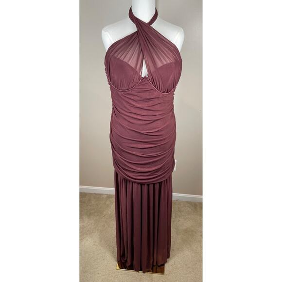 Retrofete Maisie Ruched Draped Halterneck Maxi in Port Red Size XXL - Picture 4 of 11